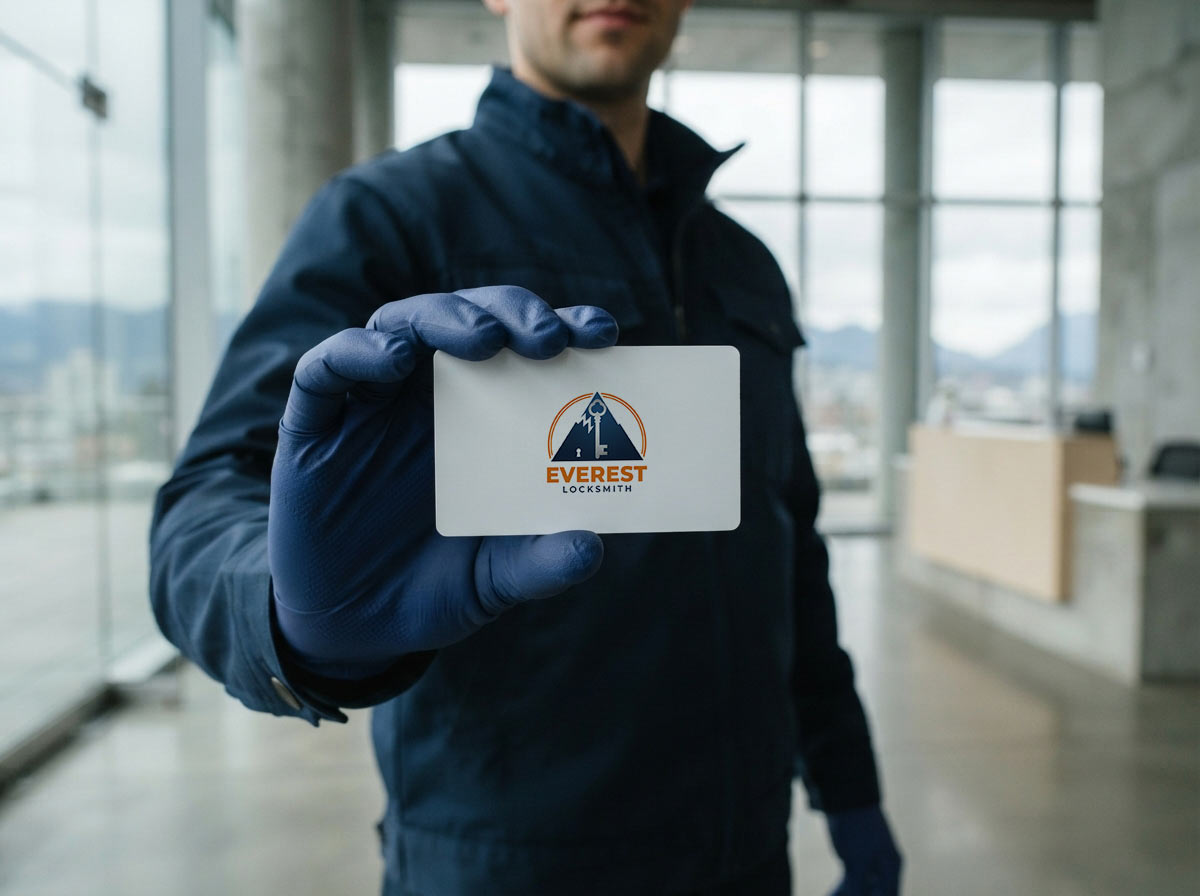 Everest Locksmith technician presenting a BC security worker licence card at a Vancouver business