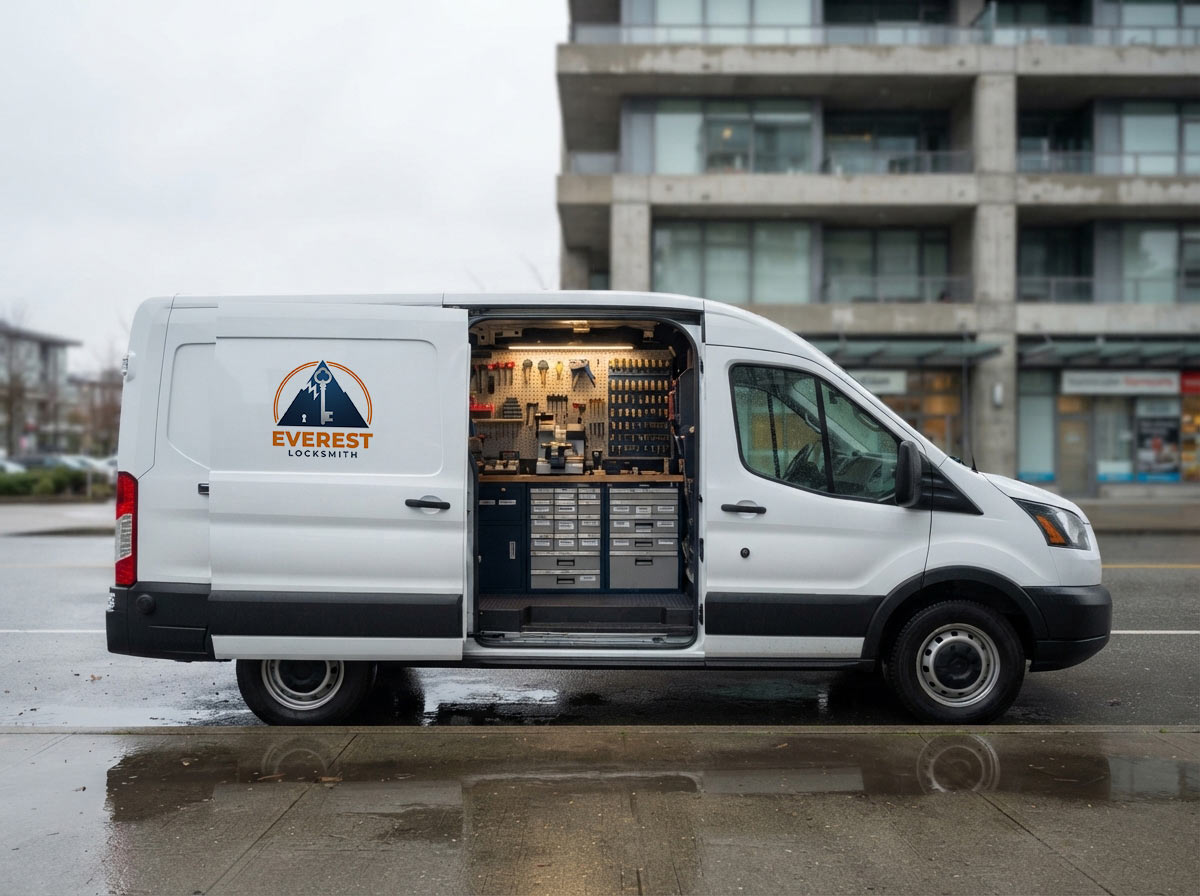 Everest Locksmith van attending a commercial building in Metro Vancouver