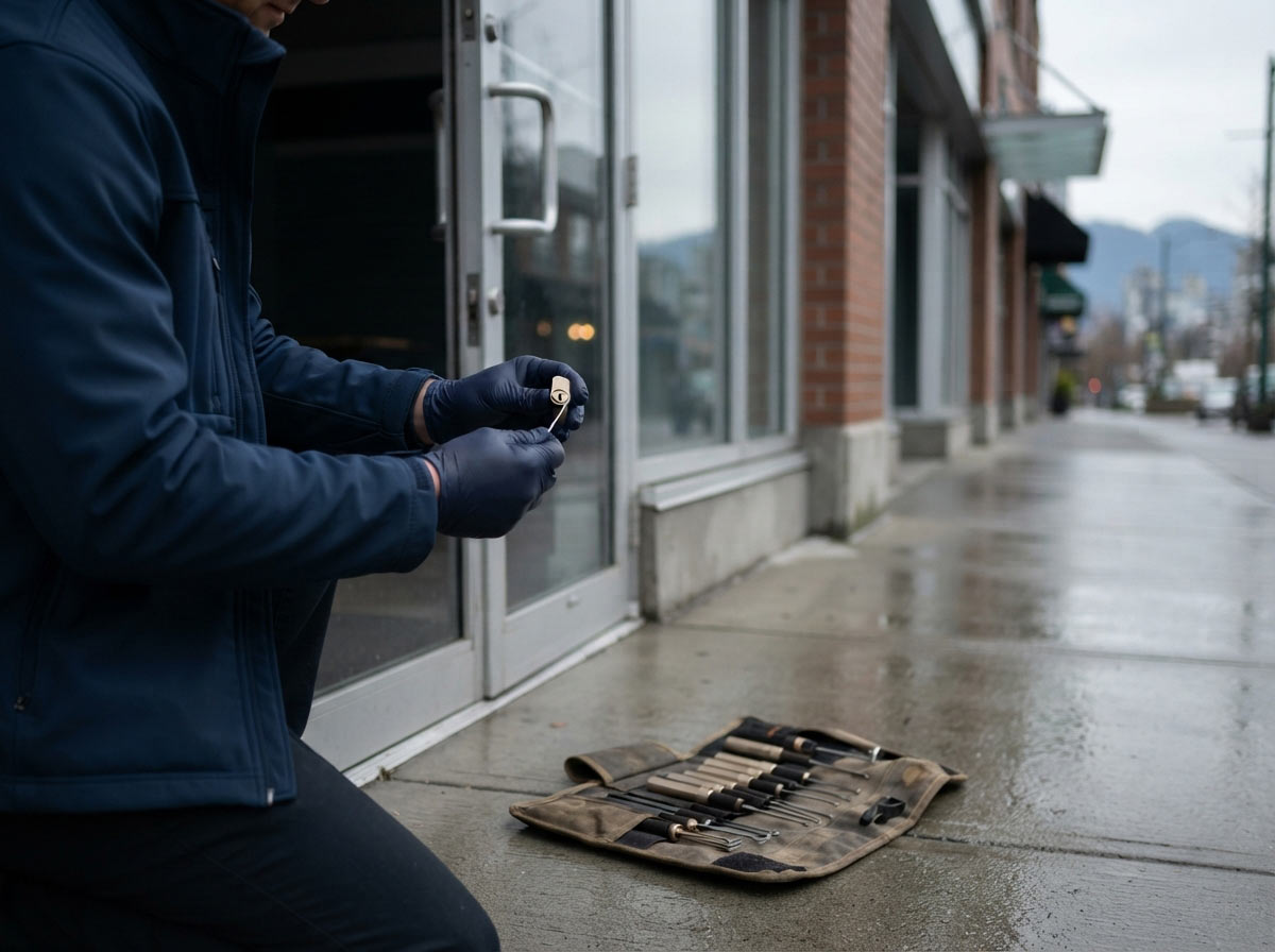 Everest Locksmith technician servicing a commercial storefront lock in Vancouver