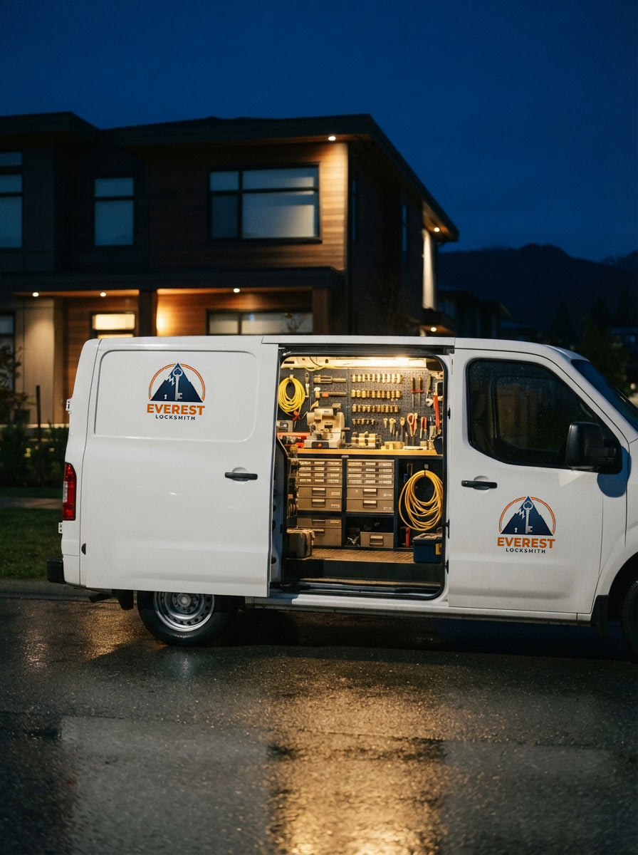 Everest Locksmith marked mobile service van on an emergency call in Metro Vancouver